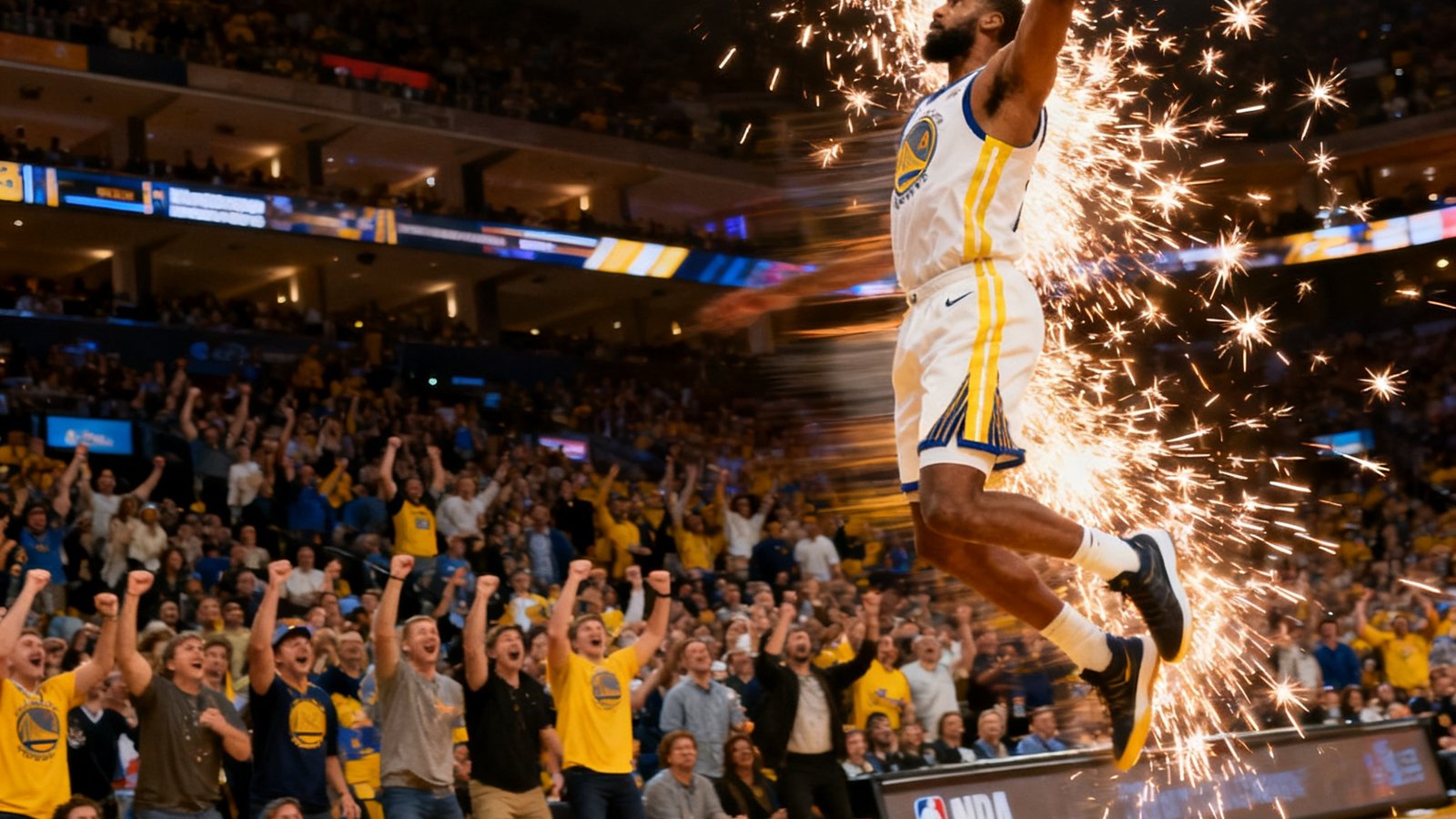 NBA比赛现场精彩扣篮瞬间，球员高高跃起单手暴扣，篮筐附近火花四溅，观众席爆发出热烈欢呼